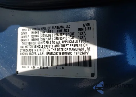 2009 Honda Odyssey Ex-L из США, поврежденный, VIN 5FNRL38719B040295